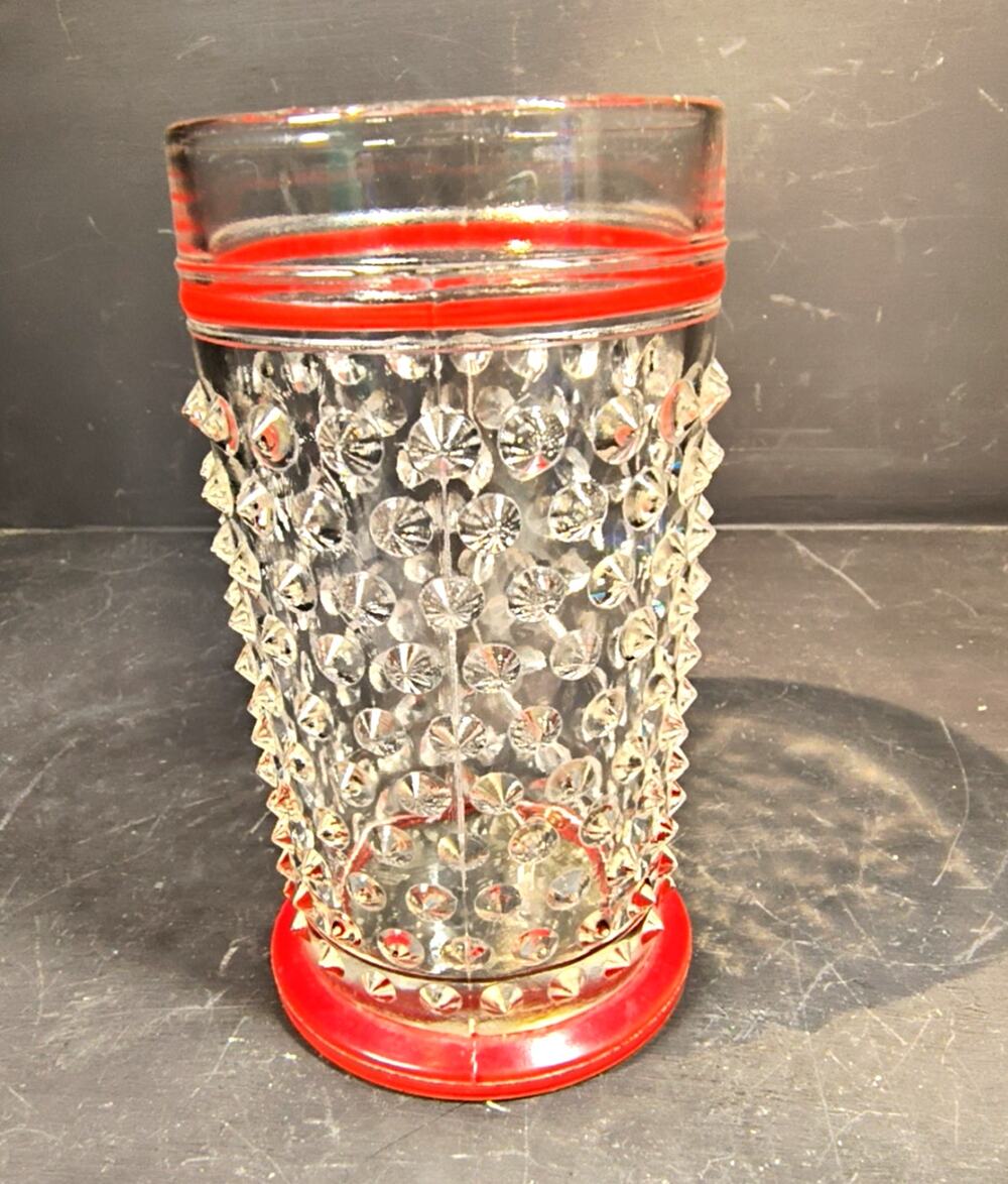 2238. Vintage Clear and Red Hobnail Textured Tumbler Anchor Hocking